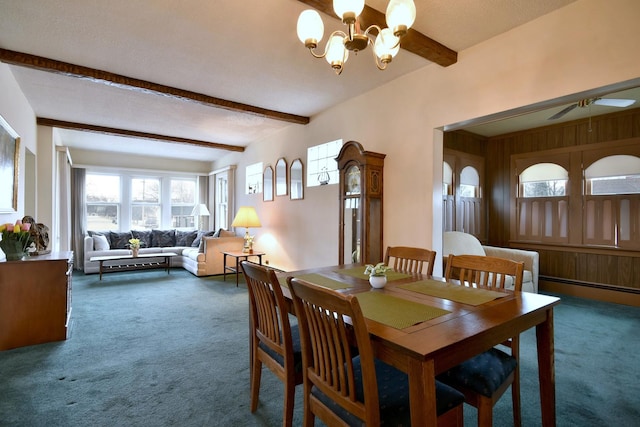 carpeted dining area featuring beamed ceiling, ceiling fan with notable chandelier, and baseboard heating