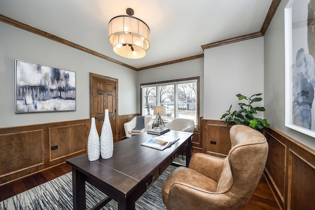 office with wainscoting, crown molding, an inviting chandelier, and wood finished floors