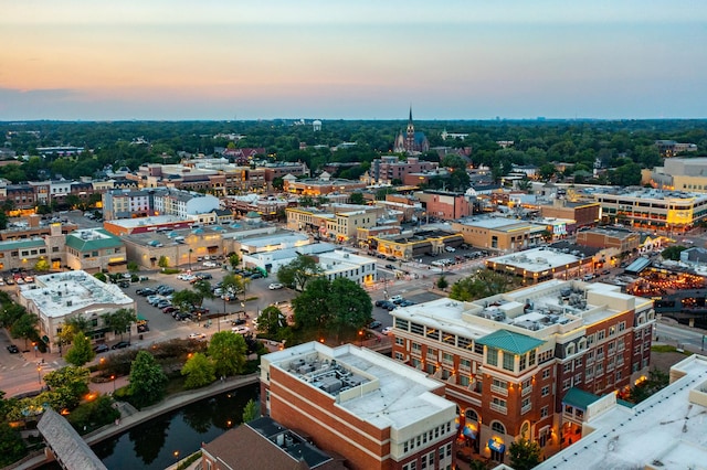 view of aerial view at dusk