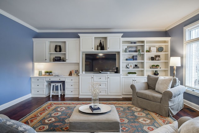 living room with ornamental molding, dark wood-style flooring, visible vents, and baseboards