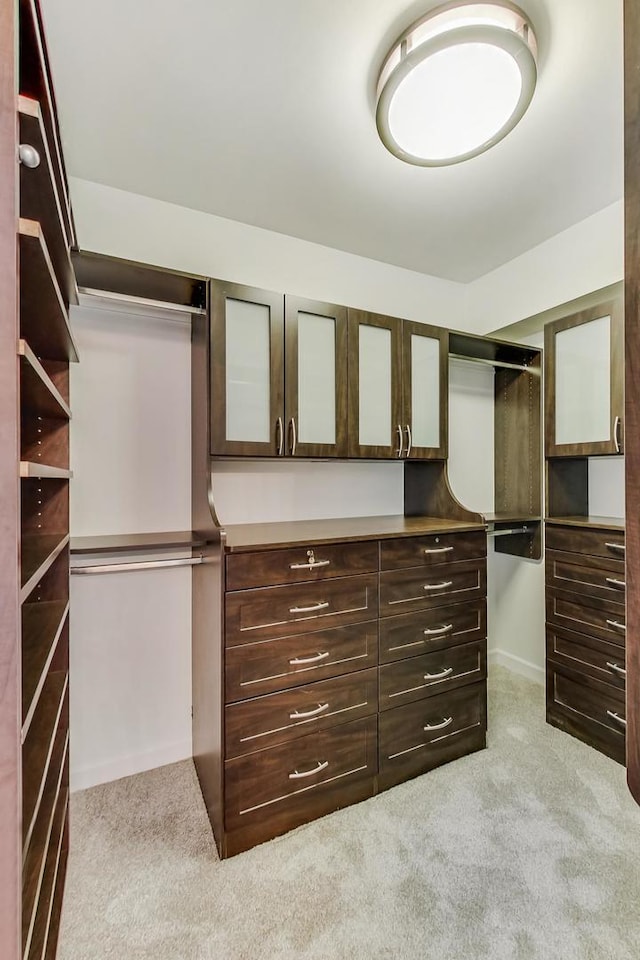 walk in closet featuring light carpet