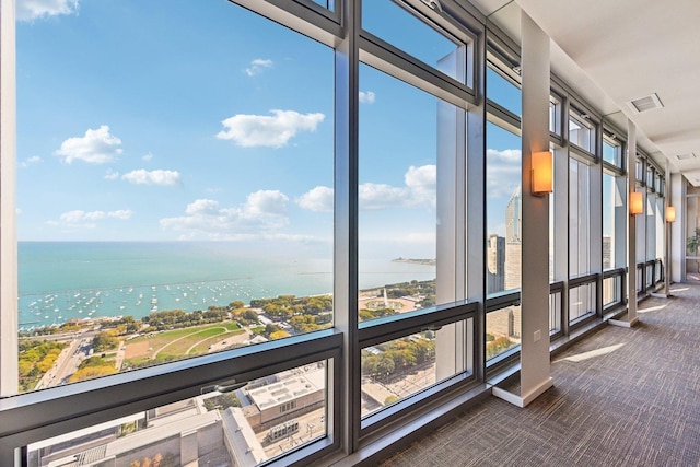 unfurnished sunroom featuring a water view and a wealth of natural light