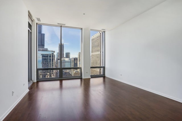 empty room featuring floor to ceiling windows and dark hardwood / wood-style flooring