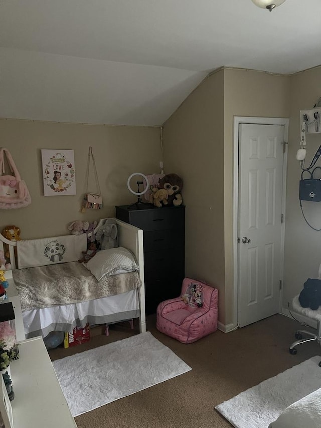 bedroom with vaulted ceiling and carpet floors