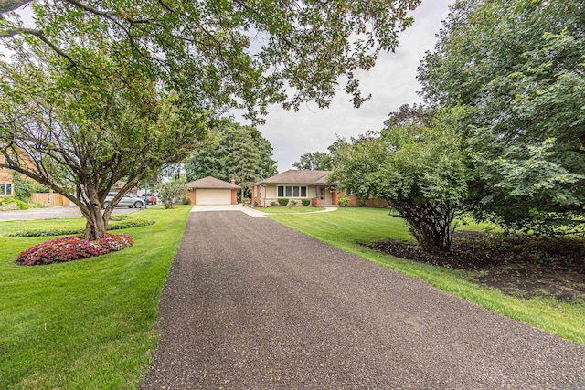view of front of home with a front lawn and a garage