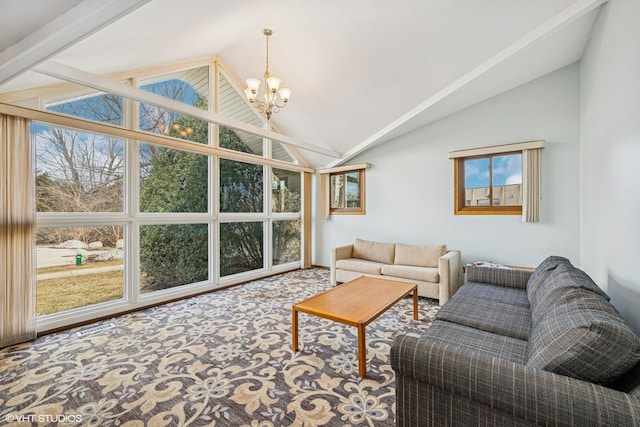 living area with high vaulted ceiling, a notable chandelier, and carpet flooring