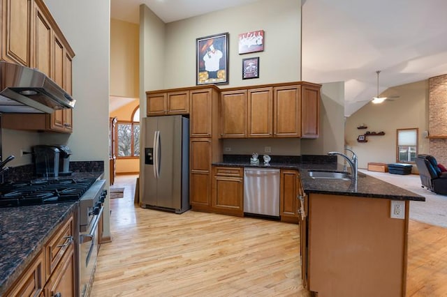 kitchen with sink, light hardwood / wood-style flooring, appliances with stainless steel finishes, dark stone countertops, and high vaulted ceiling