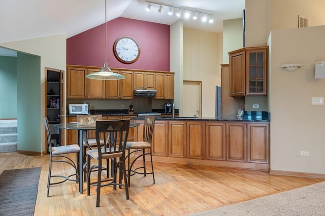 kitchen with hanging light fixtures, track lighting, high vaulted ceiling, and light hardwood / wood-style flooring