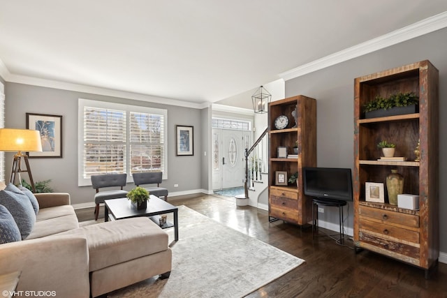 living room with ornamental molding and dark wood-type flooring