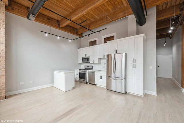 kitchen featuring wood ceiling, a towering ceiling, appliances with stainless steel finishes, beamed ceiling, and backsplash