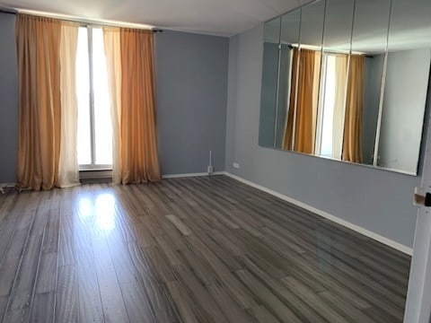 unfurnished room featuring a baseboard radiator and dark hardwood / wood-style floors