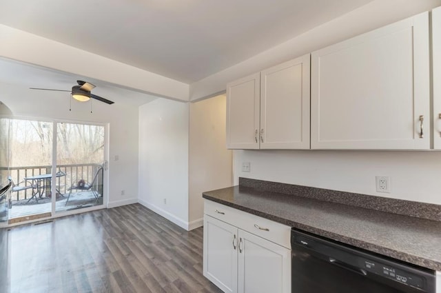 kitchen with black dishwasher, baseboards, white cabinets, dark countertops, and wood finished floors