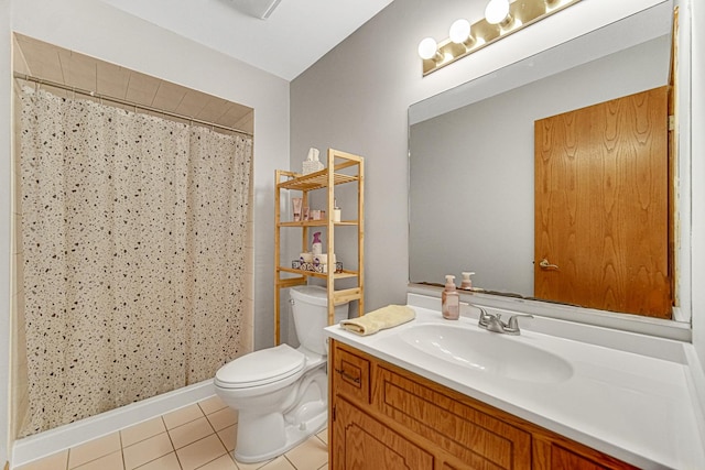 bathroom with curtained shower, tile patterned flooring, vanity, and toilet