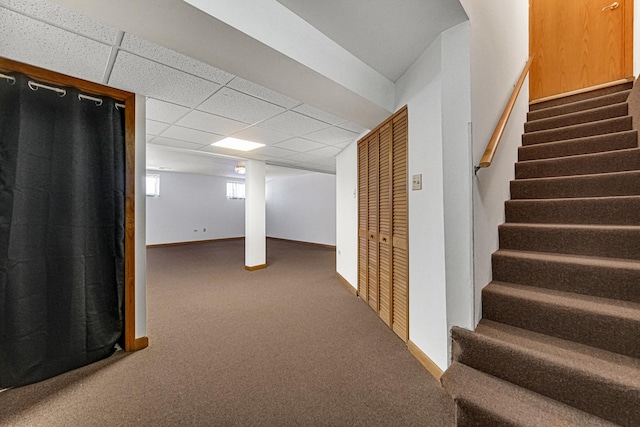 basement featuring dark carpet and a drop ceiling