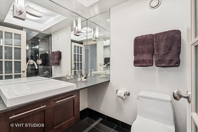10 E Ontario St Unit 4308, Chicago, IL 60611 - bathroom with toilet, a walk in shower, tile patterned floors, vanity, and a tray ceiling