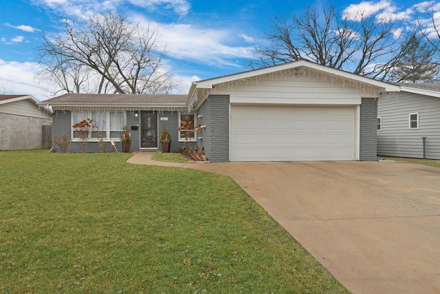 single story home with a garage and a front yard