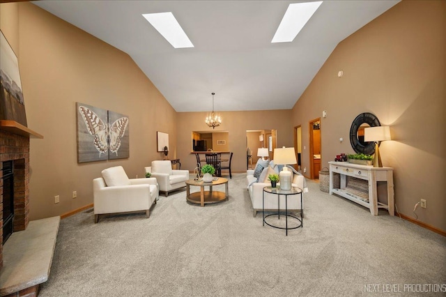 carpeted living room with an inviting chandelier, a brick fireplace, and high vaulted ceiling