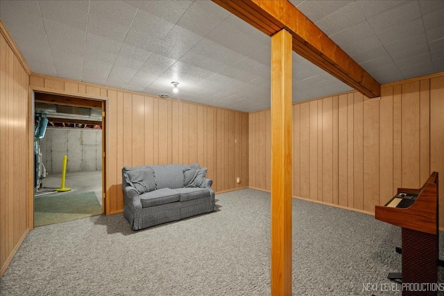 basement featuring carpet floors and wooden walls