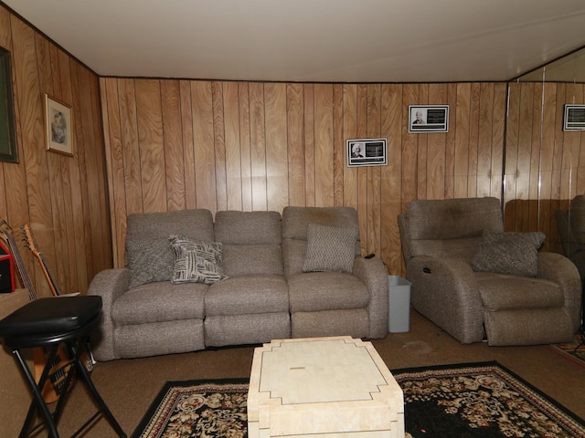 living room featuring wooden walls