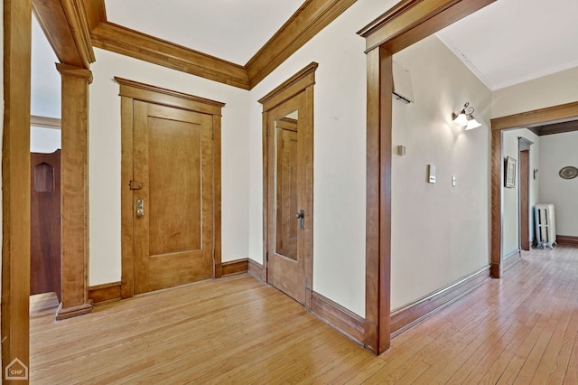 hall featuring radiator, crown molding, and light hardwood / wood-style flooring