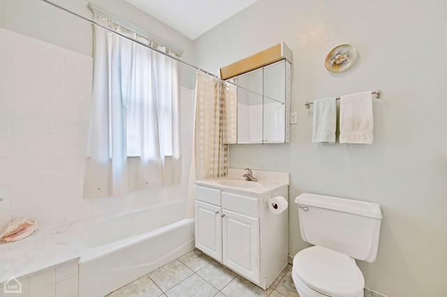 full bathroom featuring vanity, tile patterned floors, toilet, and shower / bathtub combination with curtain