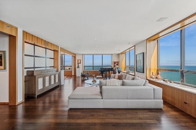 living room with a water view and dark hardwood / wood-style flooring