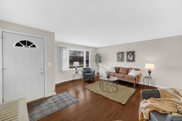 living room with dark hardwood / wood-style flooring