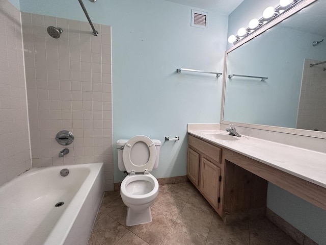 bathroom with tile patterned flooring, toilet, vanity, bathing tub / shower combination, and visible vents