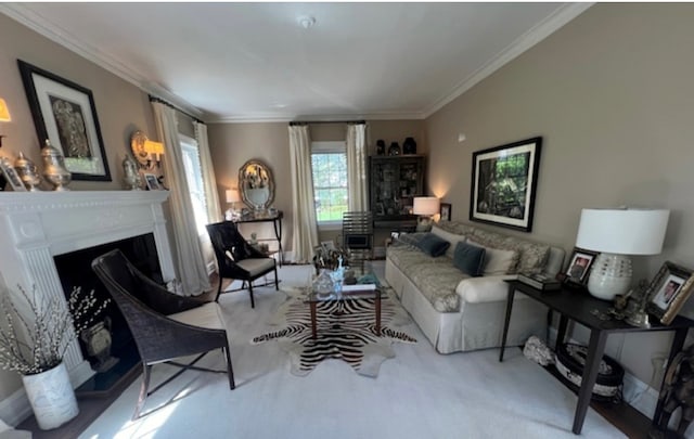 living room with crown molding and light colored carpet