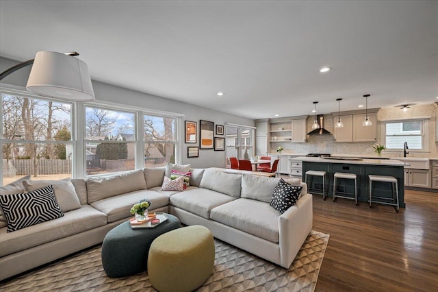 living room featuring hardwood / wood-style flooring and sink