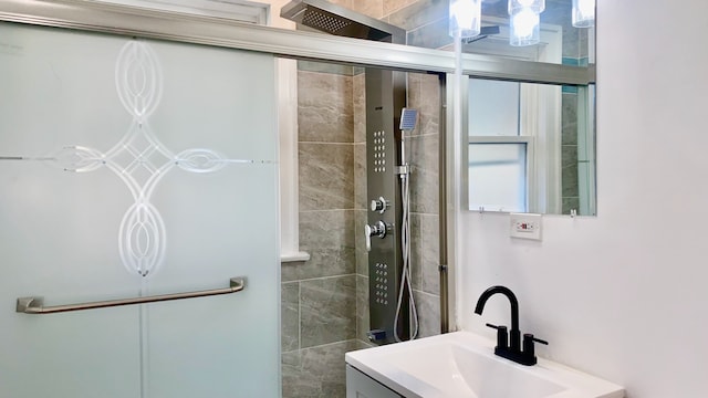 bathroom featuring vanity and a shower with shower door