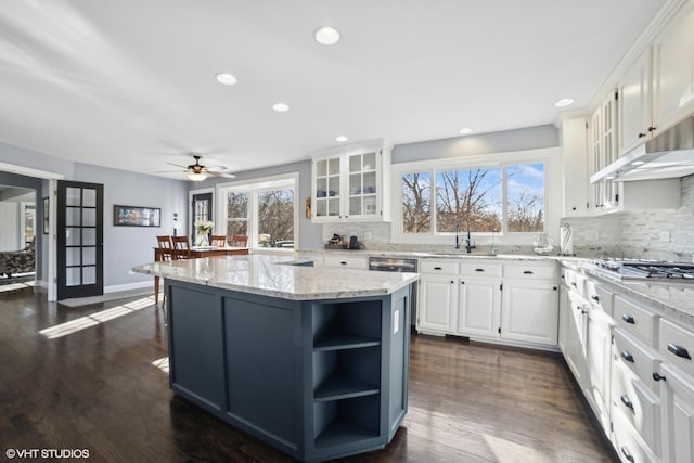 kitchen with sink, dark wood-type flooring, a center island, light stone countertops, and white cabinets