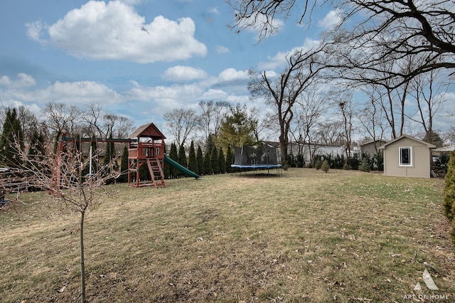 view of yard with a playground, an outdoor structure, and a trampoline