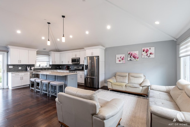 living room featuring lofted ceiling, sink, and dark hardwood / wood-style flooring