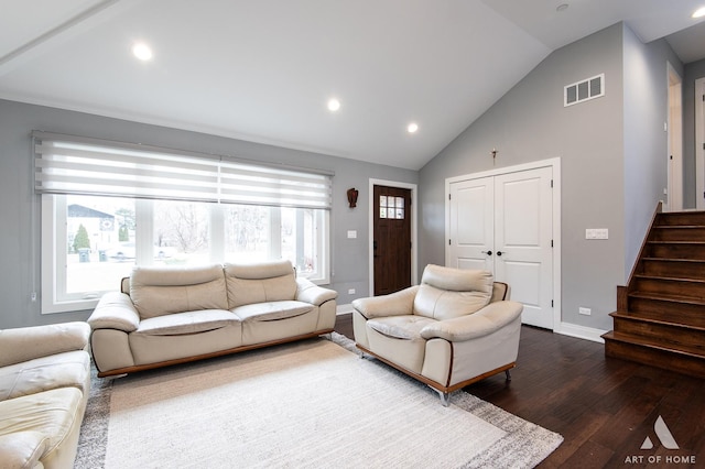 living room featuring plenty of natural light, high vaulted ceiling, and dark hardwood / wood-style flooring