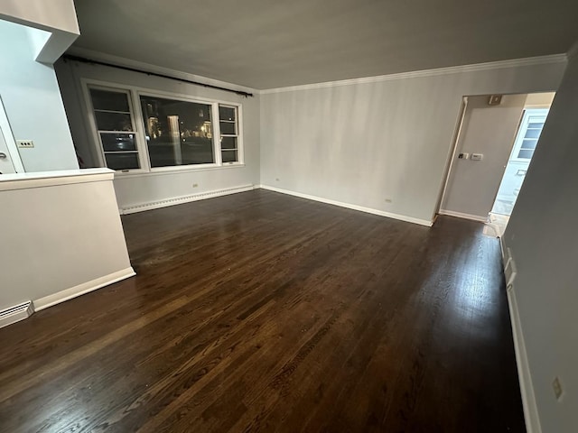 unfurnished living room with ornamental molding, dark wood-type flooring, and baseboard heating