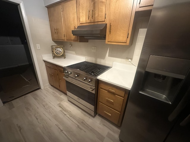 kitchen with tasteful backsplash, stainless steel appliances, and light hardwood / wood-style flooring