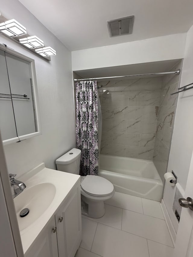 full bathroom with vanity, shower / bath combination with curtain, tile patterned floors, and toilet