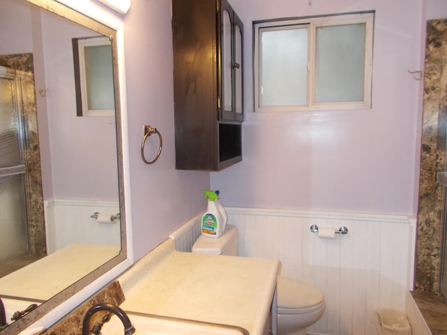 bathroom featuring vanity, a shower, and toilet