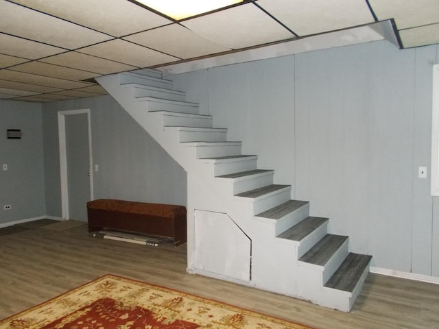 basement with hardwood / wood-style flooring and a drop ceiling