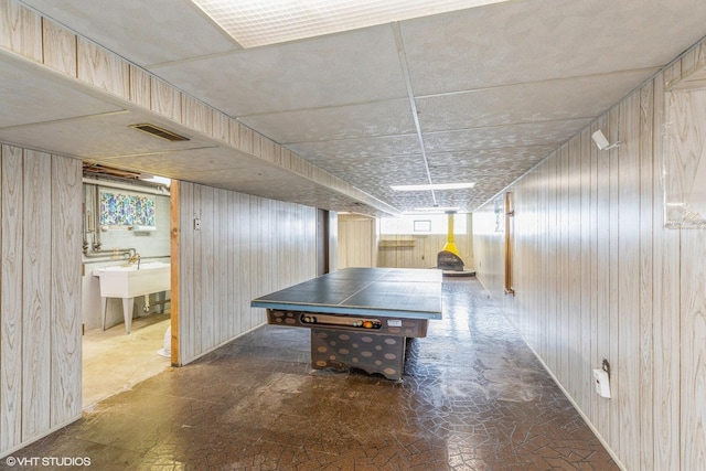 recreation room with sink, wooden walls, and plenty of natural light