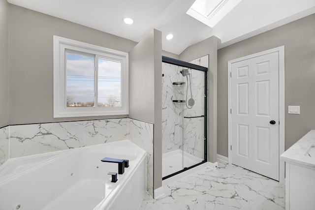 bathroom with plus walk in shower and a skylight