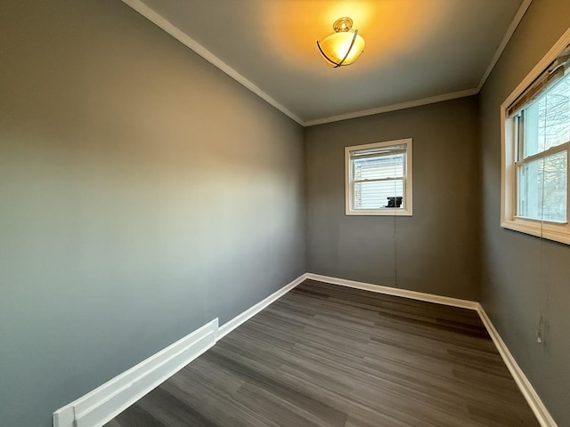 spare room with crown molding, dark wood-type flooring, and a healthy amount of sunlight