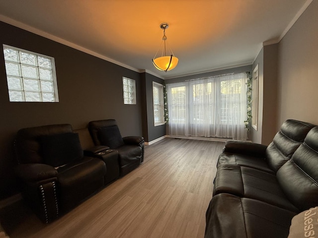 living room featuring crown molding and hardwood / wood-style floors