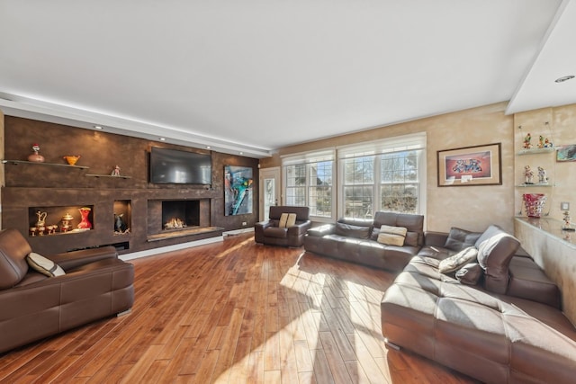 living room with a fireplace and hardwood / wood-style flooring