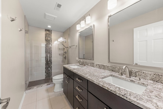 full bath with a stall shower, visible vents, a sink, and toilet