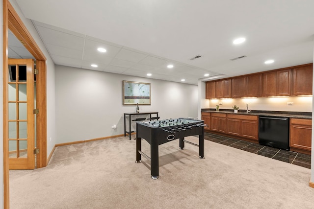 game room with visible vents, dark carpet, and recessed lighting