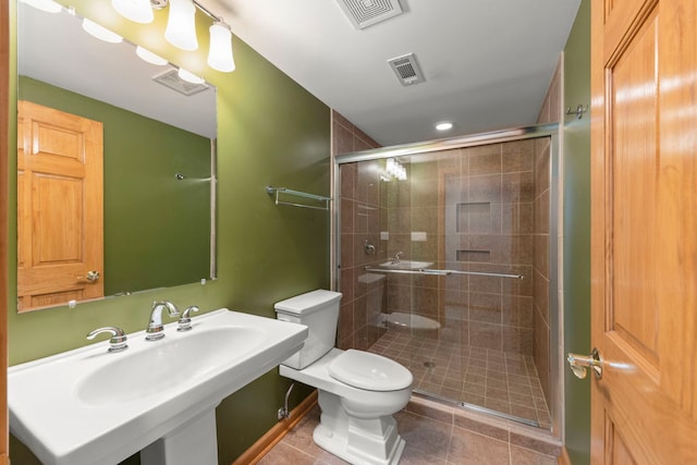 full bath with a stall shower, tile patterned flooring, visible vents, and toilet