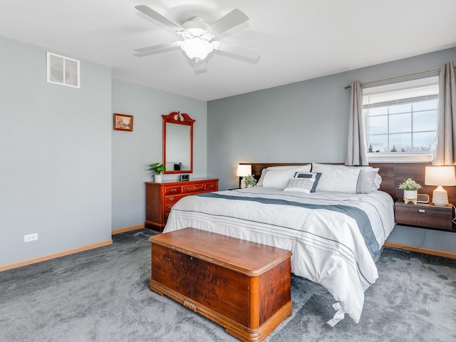 bedroom featuring light carpet and ceiling fan