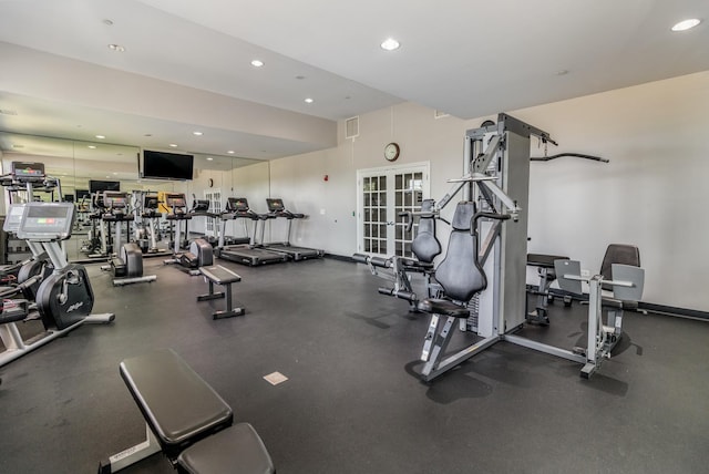 gym with french doors